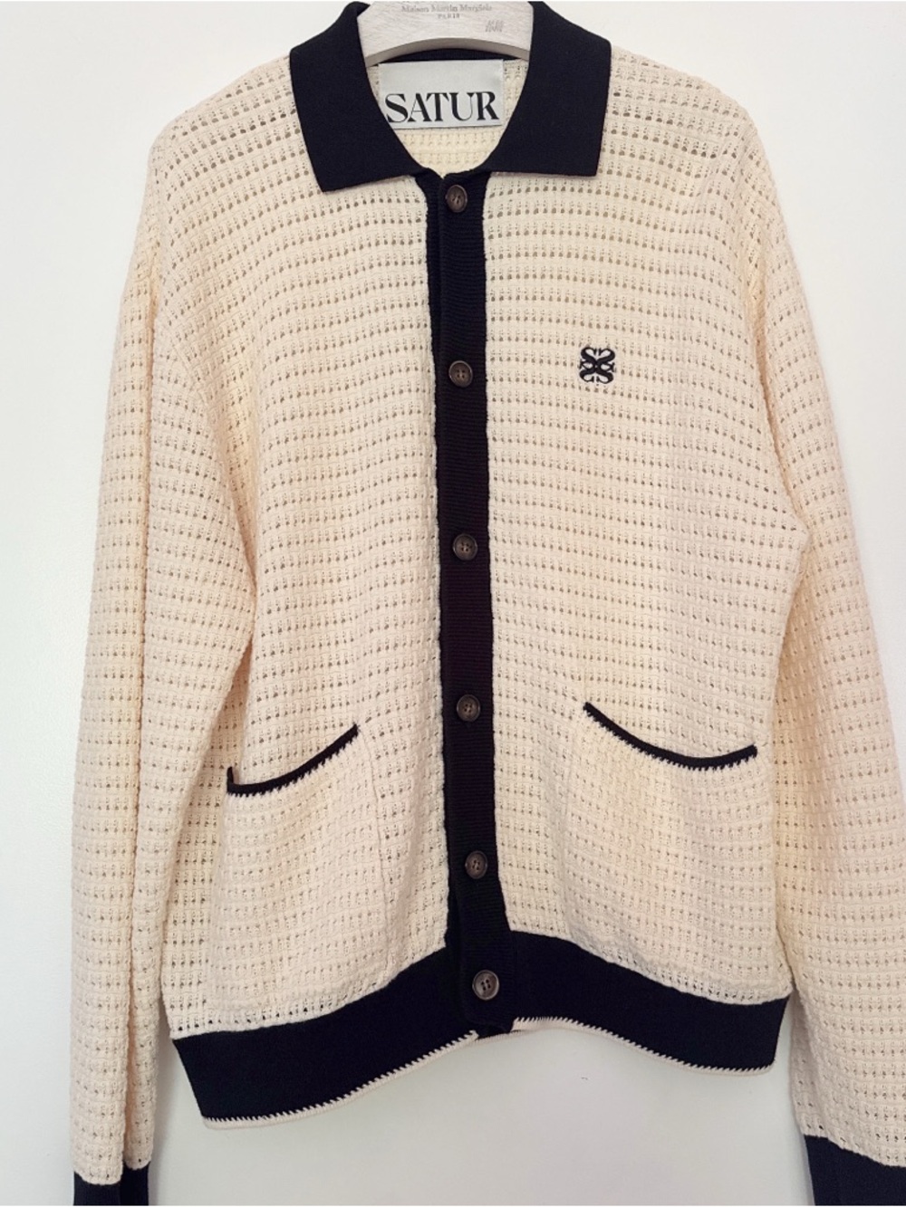 NWOT SATUR CreamKnit Cardigan with Black Contrast Trim one size